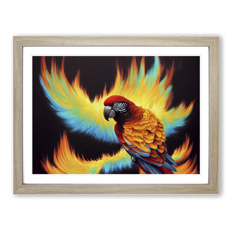 Flaming Macaw Parrot 1 Piece Single Picture Frame Wall Art, 25cm H x 34cm W x 2cm D, Oak