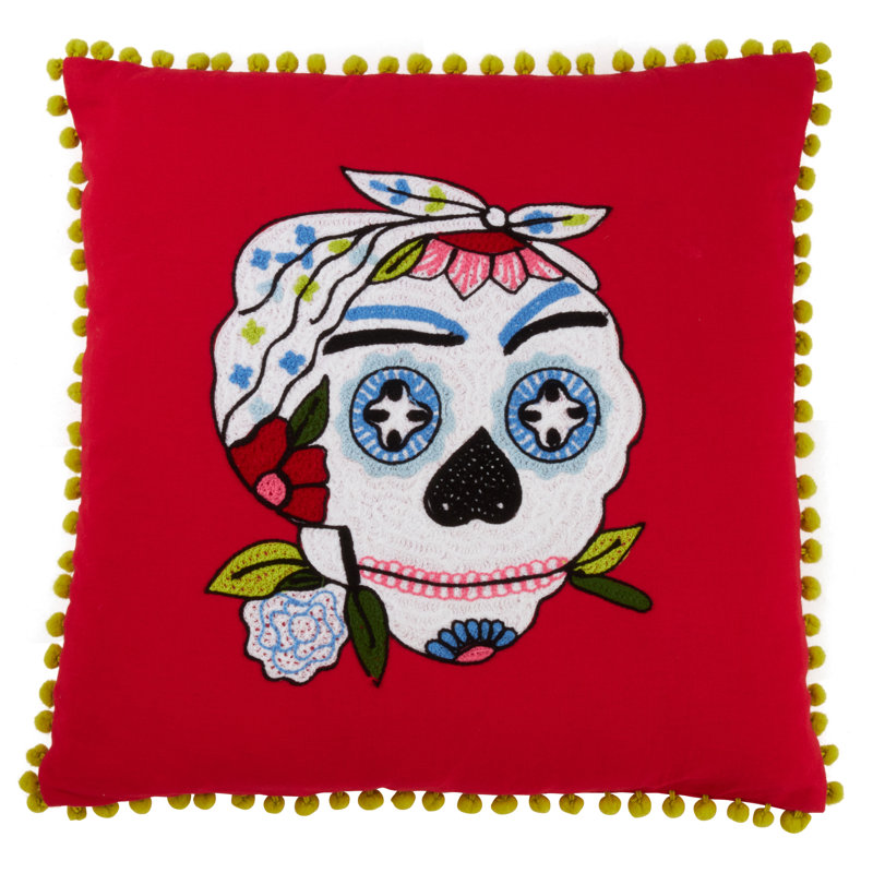 Sugar Skull Embroidered Cotton Throw Pillow, Feathers