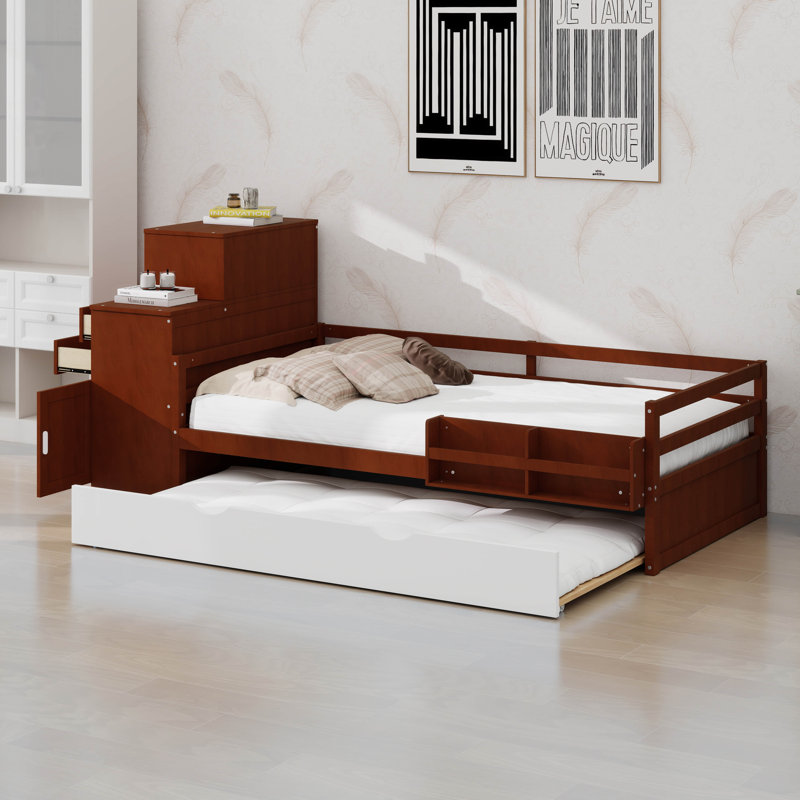 Lit plateforme compact en bois avec bibliothèque pour échantillons intégrée et garde-robe flexible, plus un design multifonctionnel avec un lit gigogne escamotable dissimulé
