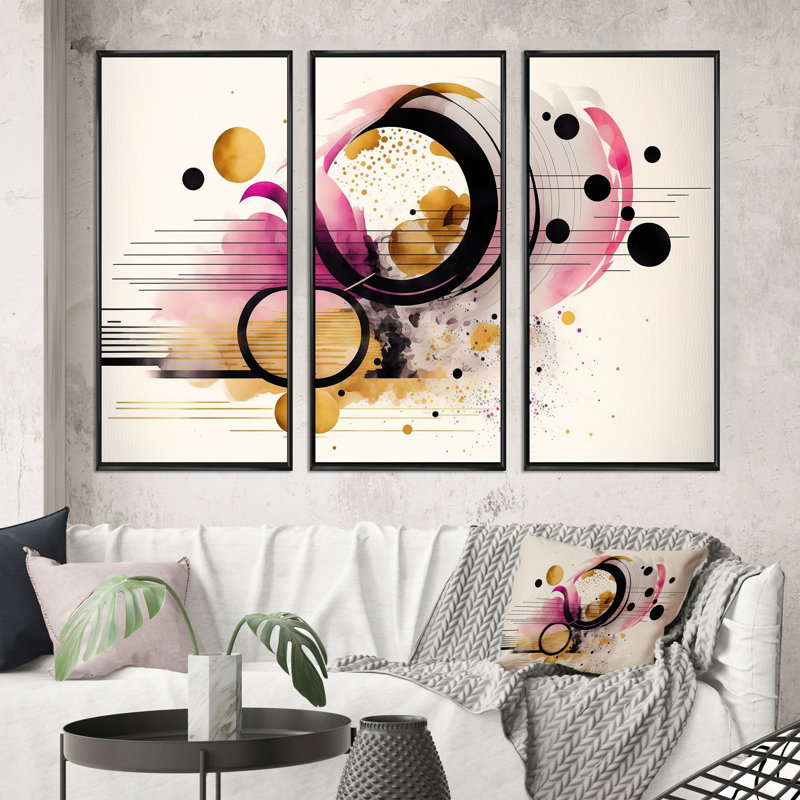 Rose abstrait - 3 pièces sur toile, Cadre noir, H 28 po x l 36 po x P 1 po