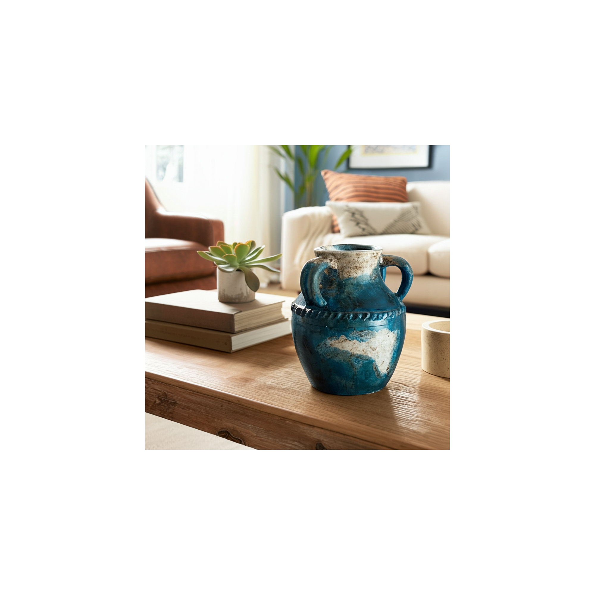 Tenney Terracotta Table Vase, Blue/Beige, 10" H x 9" W x 9" D