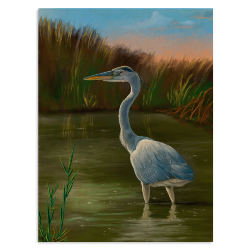 Blue Heron Wetland Bird - reproduction d'art murale traditionnelle, H 12 po x l 8 po x P 1 po, Bois de pin