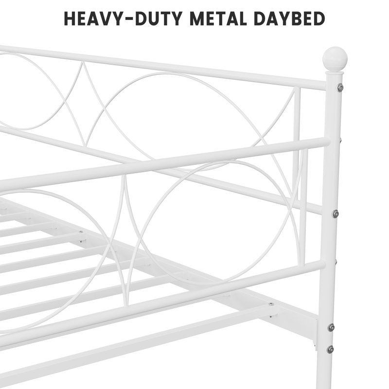 Multifunctional Twin Size Daybed Metal Day Bed with Pull Out Trundle, Premium Steel Slat Support for Bedroom, Living Room, White