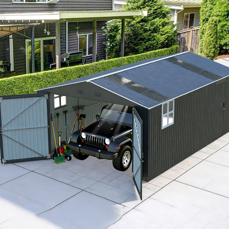 Remise de rangement améliorée de 13 pi x 20 pi pour l'extérieur, structure en métal avec deux fenêtres, panneaux de lanterneau, vélos idéaux, équipement de pelouse et outils, bonne ventilation pour un grand garage à l'extérieur, avec translucide