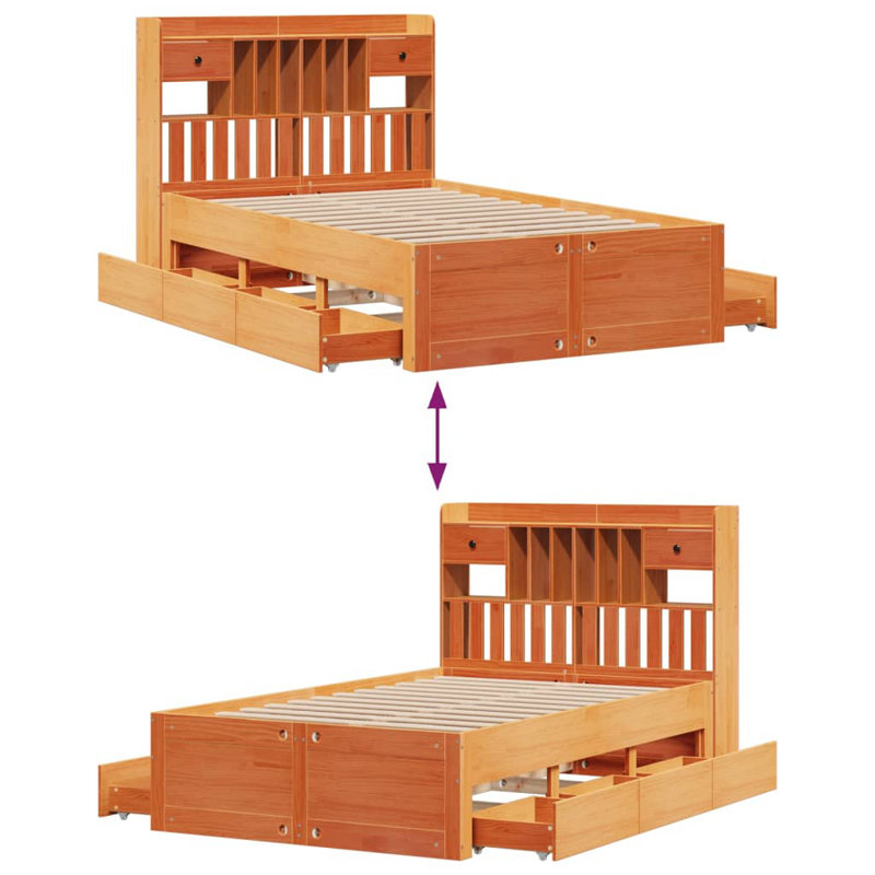 Natur Pur Bookcase Bed Without Mattress  Solid Wood Pine, Double (4'6), Wax Brown