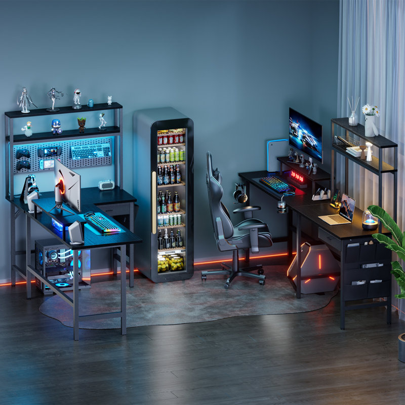 L Shaped Desk with LED Light & Power Outlet, Reversible Corner Gaming Desk with Storage Shelves & Drawer, Computer Table with Monitor Stand for Home Office, Work & Study,L Shape Set 2 Desks & Storage Shelf