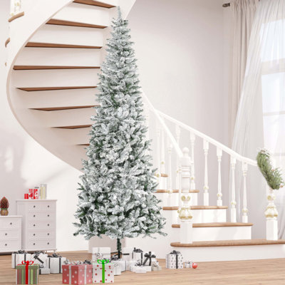 9Ft Unlit Snow-Flocked Slim Pine Artificial Christmas Tree With Realistic Branches And 1084 Tips