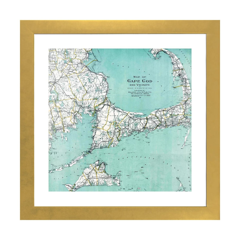 «Cape Cod and Vicinity Map» - impression, H 16 po x l 16 po x p 1 po, Papier beaux-arts encadré doré