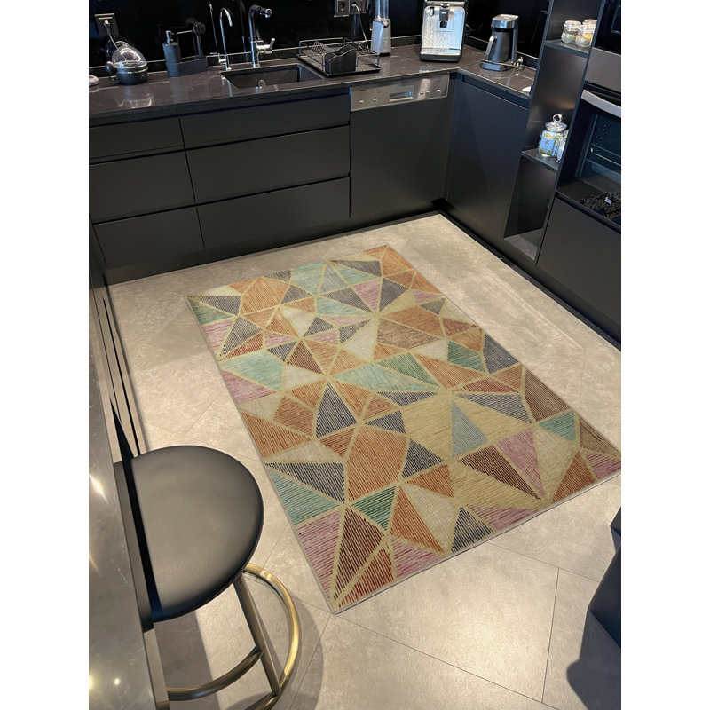 Beige-Themed Multi-Colored Geometric Star Fragment Patterned Modern Decorative Rug, Runner 3'9" x 6'6"