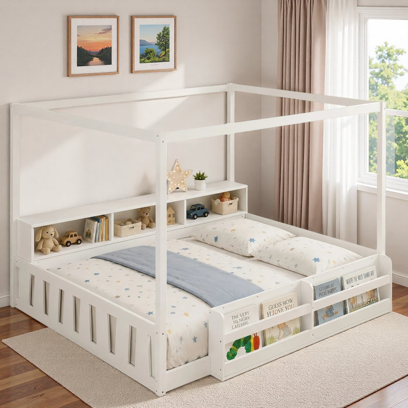 Lit de sol pour enfants avec bibliothèque intégrée, compartiments de rangement latéraux et barrières de sécurité, Full, White