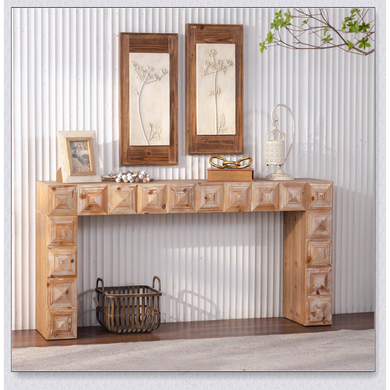 Console de style rustique à relief géométrique 59,06 po - Table d'entrée en bois massif et panneau de fibres à densité moyenne avec détails sculptés en 3D pour le salon / couloir