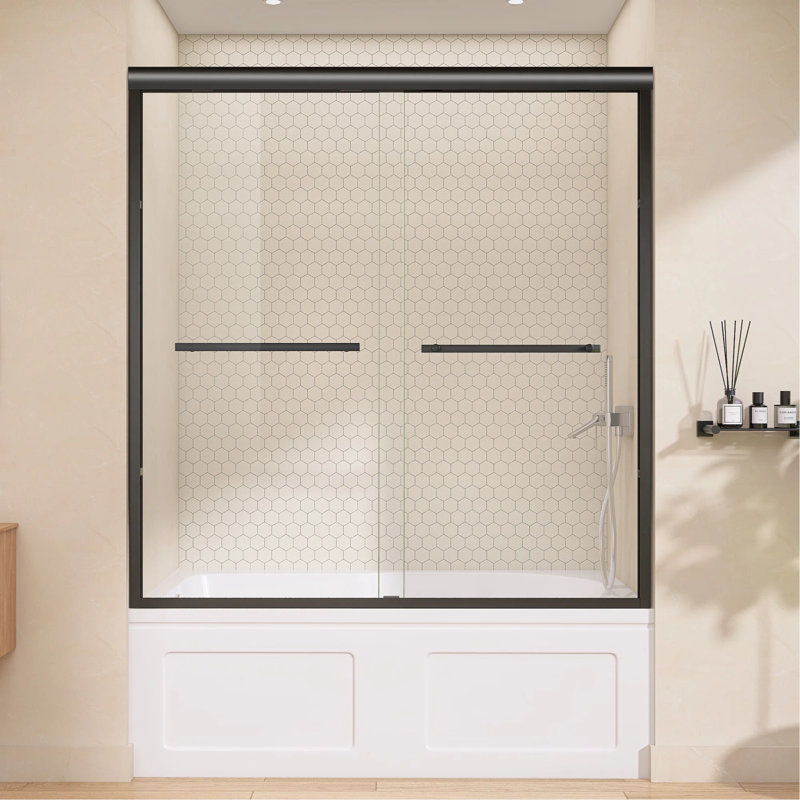 56" - 60'' W X 62'' H Double Sliding Tub Door Semi-frameless Matte Black Shower Screen Bypass Aluminum Alcove Door with Clear Tempered Glass