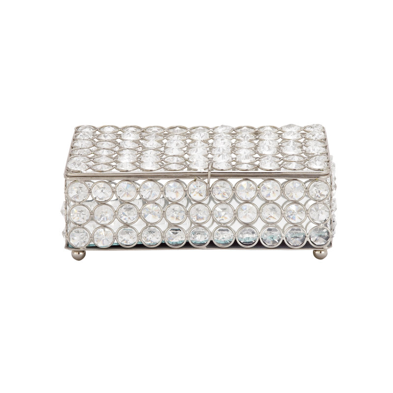 Silver Metal Rectangular Jewelry Box with Rhinestone Embellishments