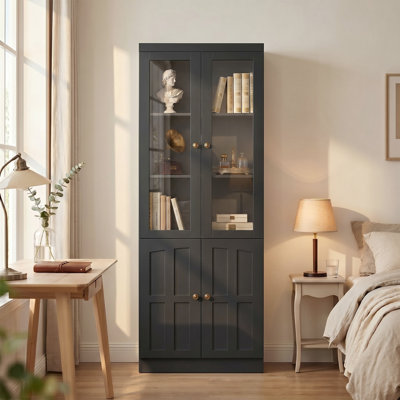Modern Bookcase with Glass Doors and Thickened Top Panel