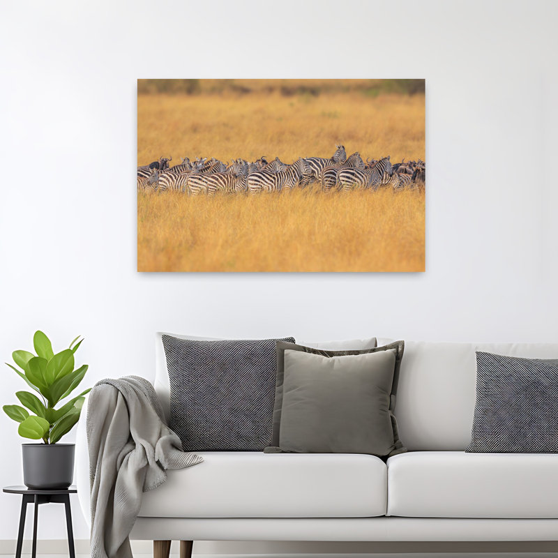 Golden Savanna Herd Contemporary Zebra Nature Wildlife Wall Art, 32" H x 48" W