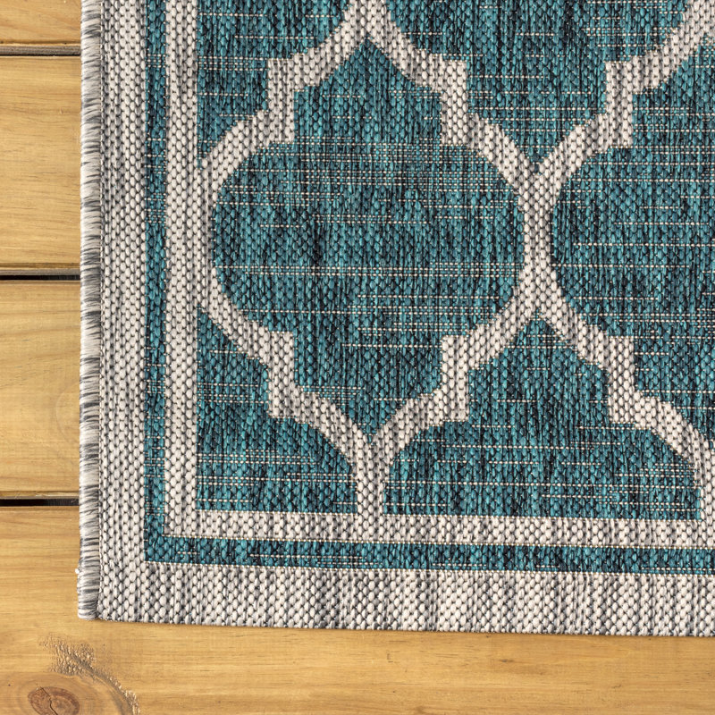 Hague Moroccan Trellis Textured Weave Teal/Gray Indoor/Outdoor Rug, Rectangle 7'9" x 10'