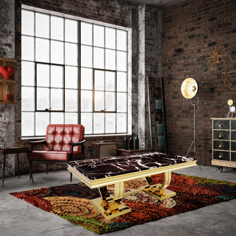 Modern Black Marble Coffee Table With Gold Metal Base In Rectangular Shape