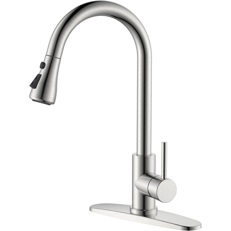 Pull Down Single Handle Kitchen Faucet with Deck Plate and Sprayer, Brushed Nickel