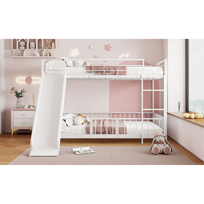 Lit superposé en métal avec glissière et garde-corps, Lit double, Blanc