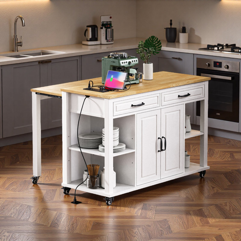 47 Inch Kitchen Island With Extendable Dining Table, Rubber Wood Veneer Kitchen Table With Internal Storage Rack, Power Outlet, Kitchen Island With Storage 2 Drawers 2 Cabinet