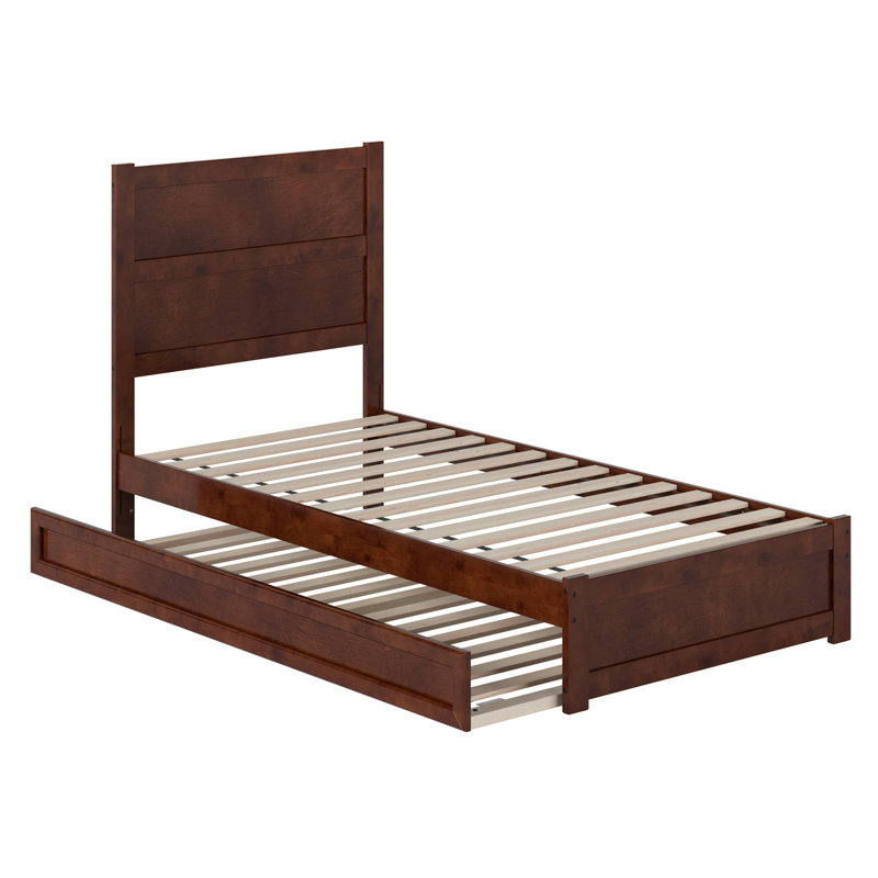 Lit plateforme en bois avec pied de lit et gigogne Aveline, Très grand simple, Noyer