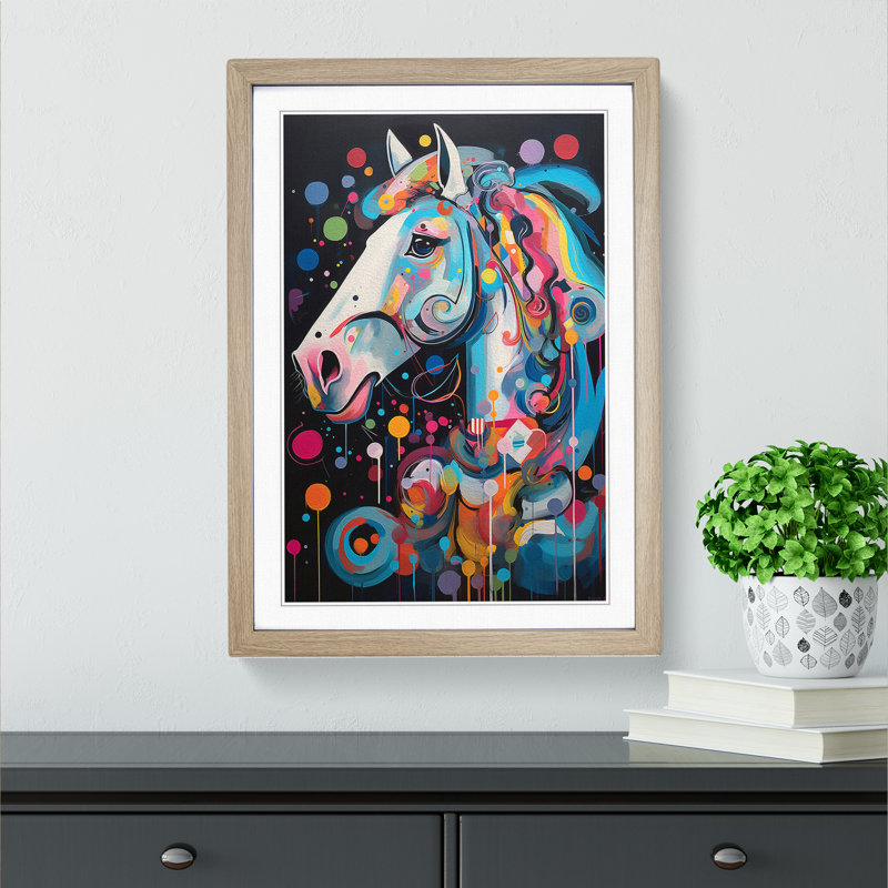Pony Expressionism - Single Picture Frame Print on Wood, 64cm H x 46cm W x 2cm D, Oak Framed