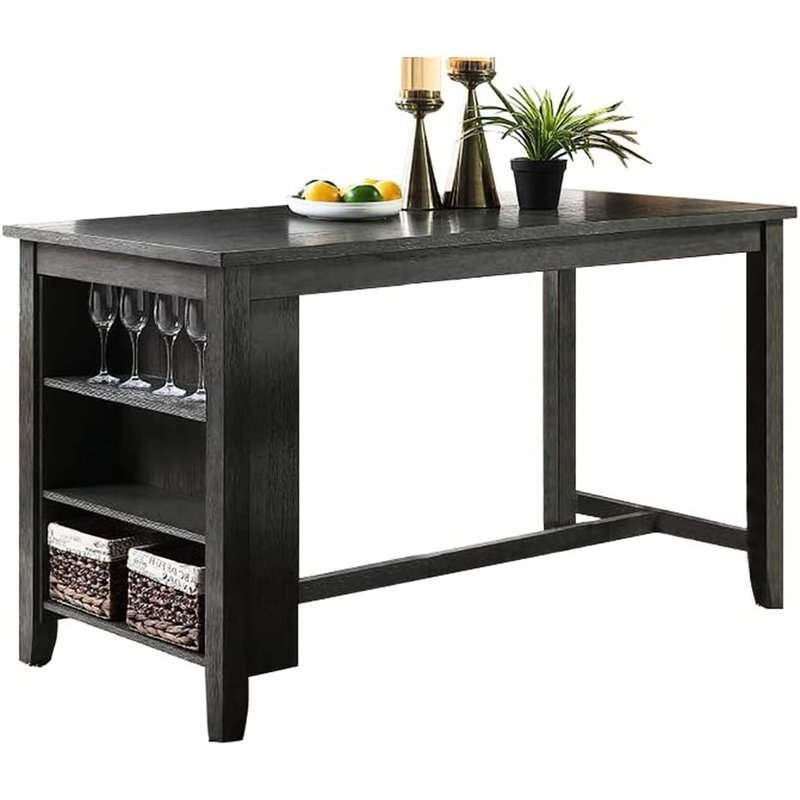 Table moderne en bois massif gris pour la cuisine et la salle à manger, hauteur de comptoir avec tablettes de rangement grises, côté