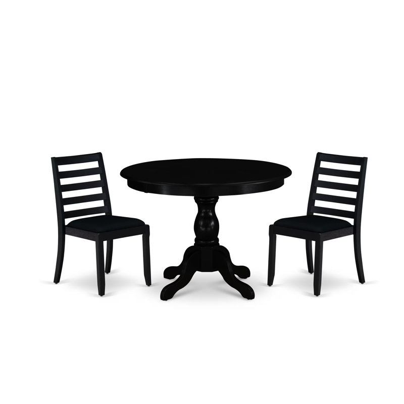 5 Piece Dining Set Includes a Round Kitchen Table with Wire Brushed Black Tabletop & 5 Stackable Polyester Fabric Chairs, Wire Brushed Black