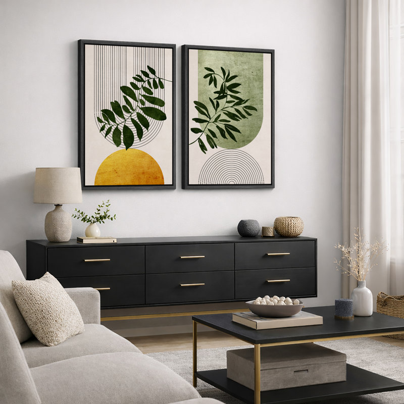 Boho de style Mid-Century moderne, "Bold Bright Yellow & Green Leaves, Cadre flottant noir, H 36 po x l 48 po