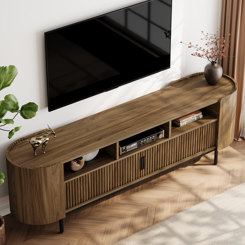 Meuble télé 70,86 po Mid-Century avec portes coulissantes et tablettes ouvertes