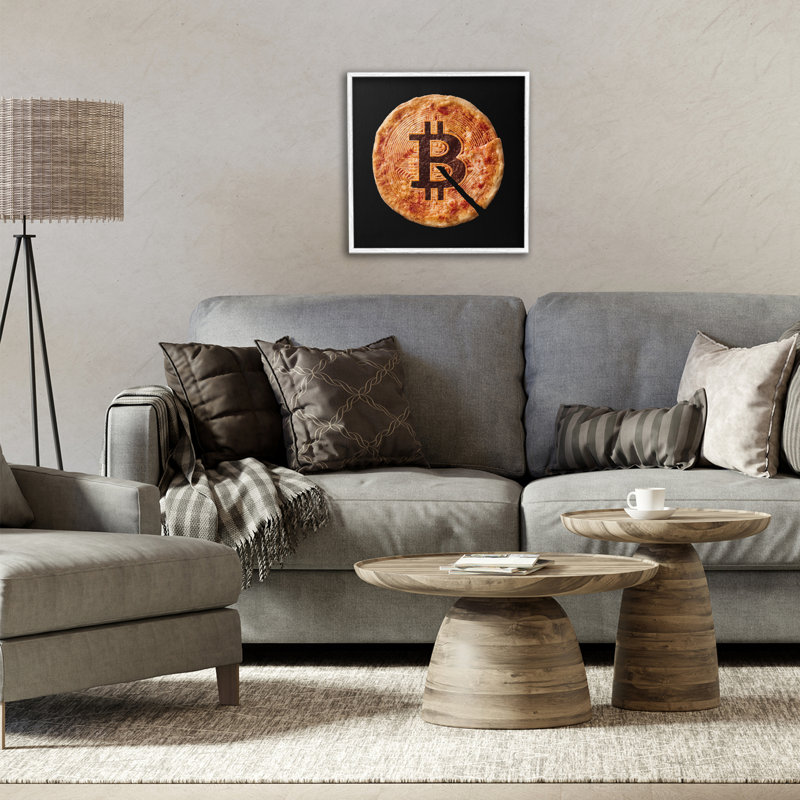 Crypto pizza tranche giclée, design par Svetlana Aleynikova, Giclée encadrée blanc bord de mer, H 12 po x l 12 po