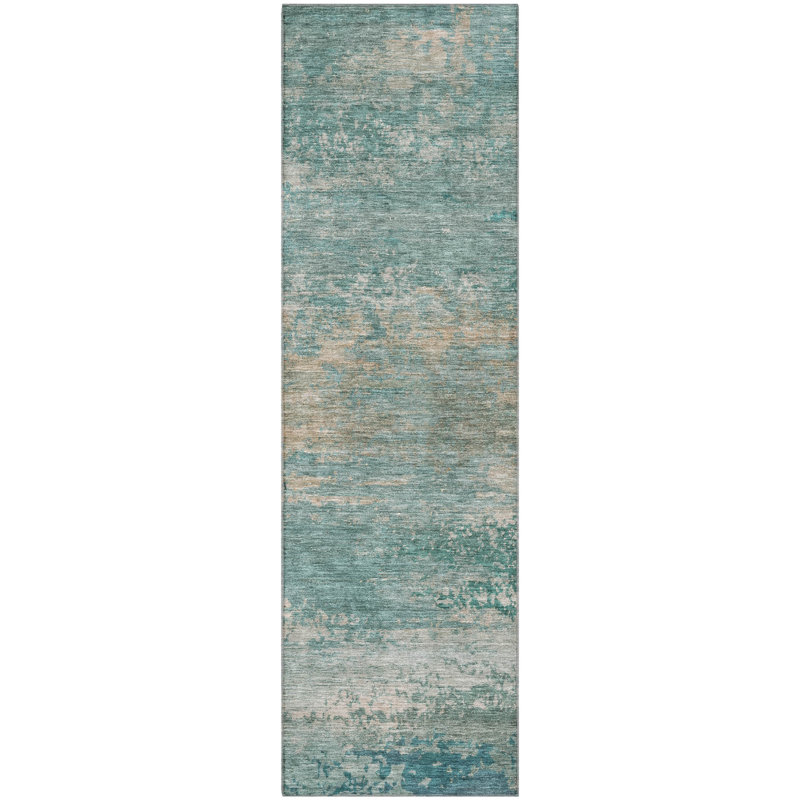 Tapis abstrait lavable à la machine de qualité supérieure Mayfield AMF2071, Turquoise, Tapis de couloir 2 pi 3 po x 7 pi 6 po