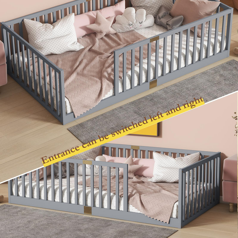 Twin Floor Bed With High Rails, Solid Wood Cama Montessori Bed Without Slats For Kids, Gray