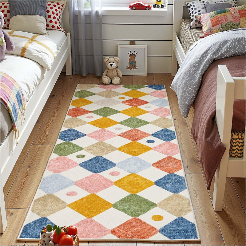 Colorful Diamond for Kids Washable Non-slip Rug, Runner 2' x 6', Argyle Circus