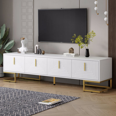 Meuble télé moderne avec pieds et poignées en métal pour téléviseur de 80 po ou moins, console média avec armoires et tablettes réglables, meuble télé de luxe avec lignes géométriques pour le salon