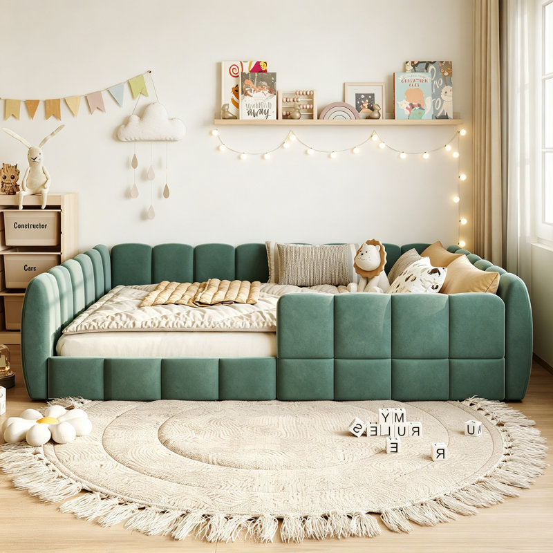 Lit double tapissier en velours vert citrouille, Green