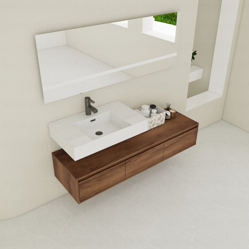 Meuble-lavabo mural de 60 po avec lavabo en résine, tiroir à fermeture en douceur et fixation flottante
