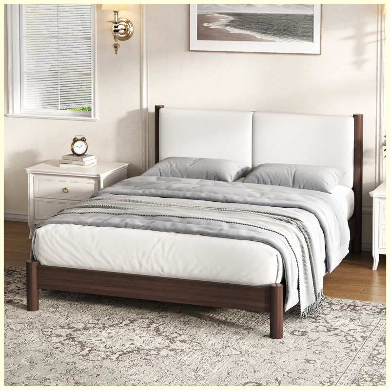 Grand lit plateforme en bois avec tête de lit en similicuir, Espresso