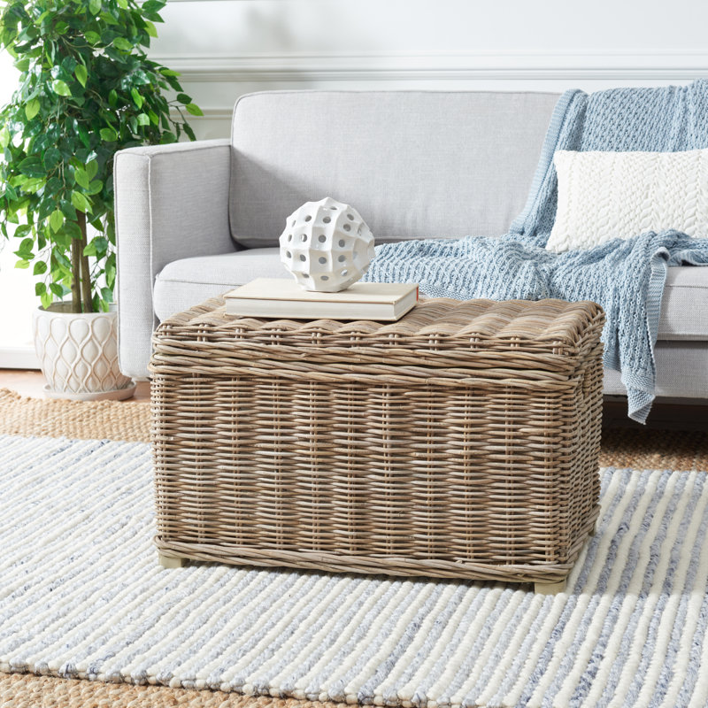 Coffre en bois massif moderne en osier d'acajou moderne avec poignées durables, rangement relevable pour le salon