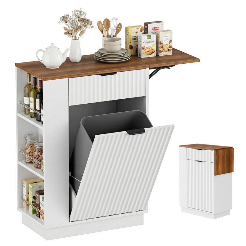 Îlot de cuisine extensible avec poubelle cachée - Armoire poubelle coulissante avec tablettes de rangement et tiroir, blanc et noyer