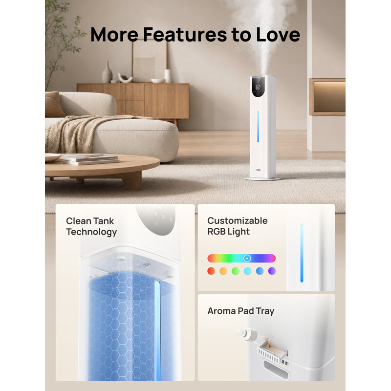 L'humidificateur intelligent 11L DREO pour grande pièce Autonomie de 100 heures, réservoir autonettoyant, télécommande / application / commande vocale, brume fraîche en blanc