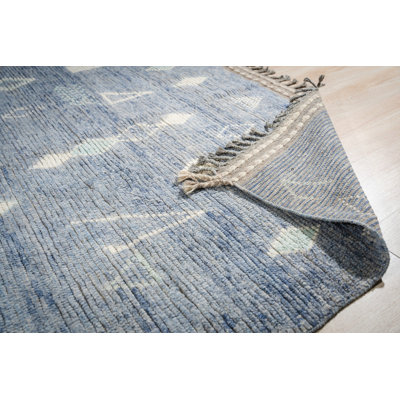 Blue Hand-Knotted Wool Faded Denim Texture Tribal Modern Contemporary Carpet Rug