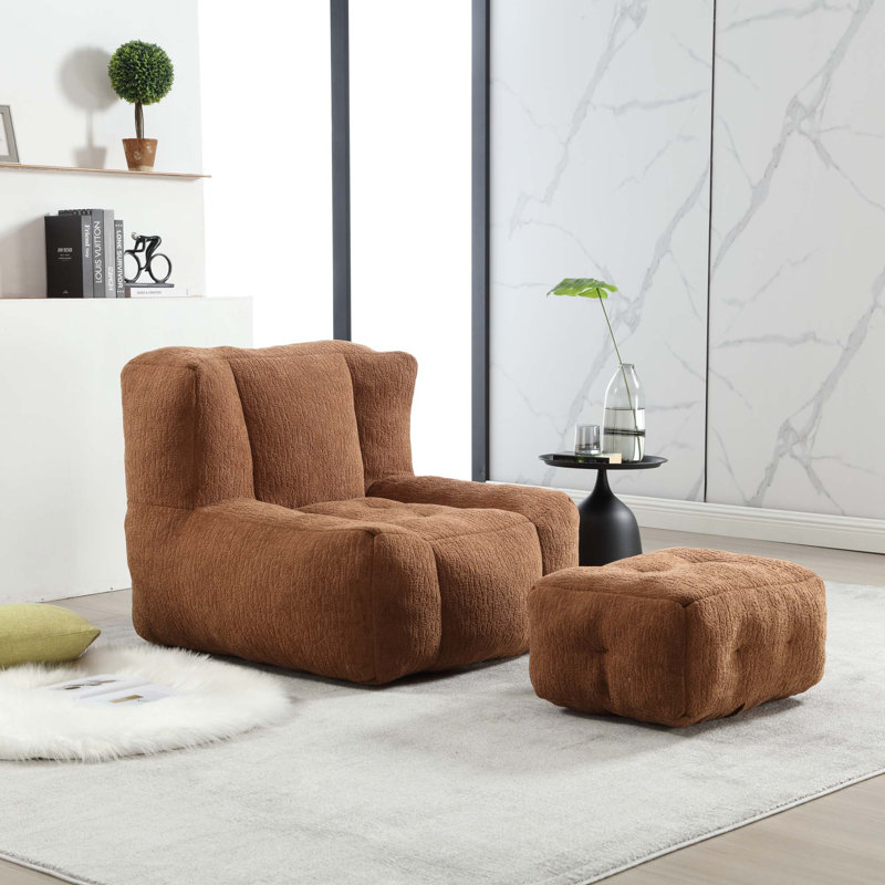 Modern Fluffy Comfortable Bean Bag Sofa Chair With Memory Foam & Ottoman, Brown Velvet