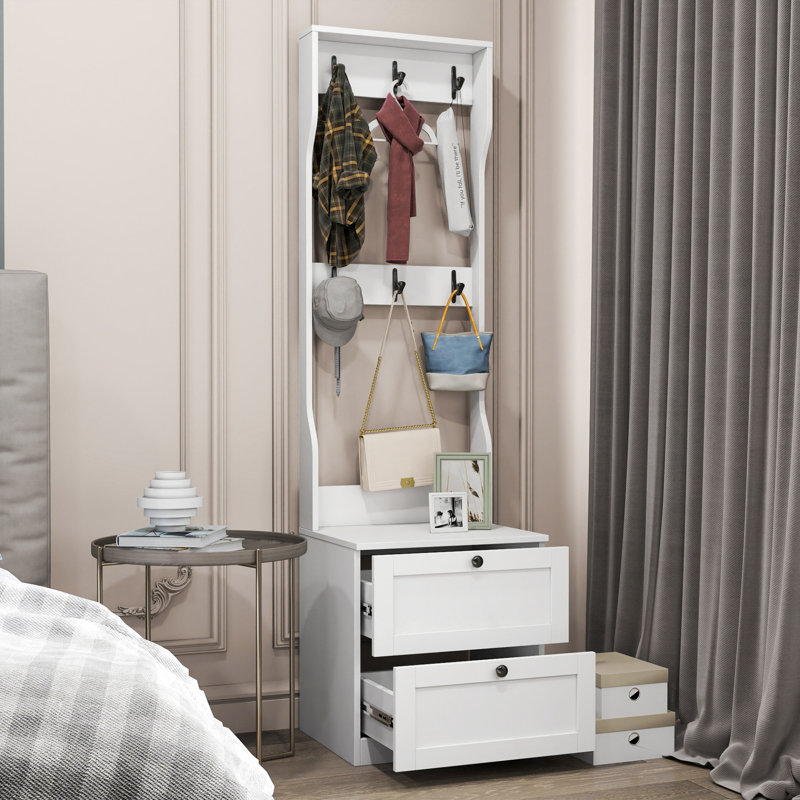 2-in-1 Coat Rack and Nightstand with Storage and Hooks