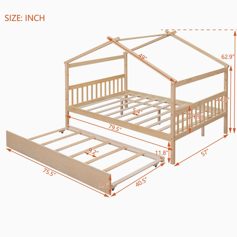 Lit plateforme avec lit gigogne Stroudsburg, Naturel