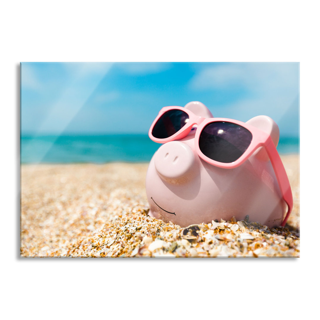 Glasbild Wandbild Auf Echtglas Schweinchen Am Strand Inkl. Aufhängung Und Abstandshalter LF1895