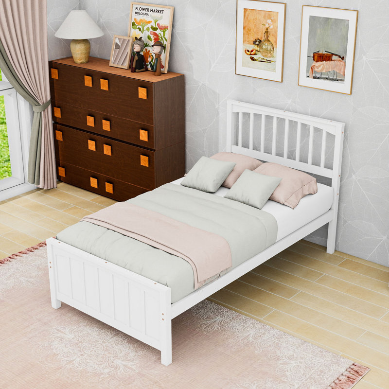 Twin Wood Platform Bed with Headboard, White