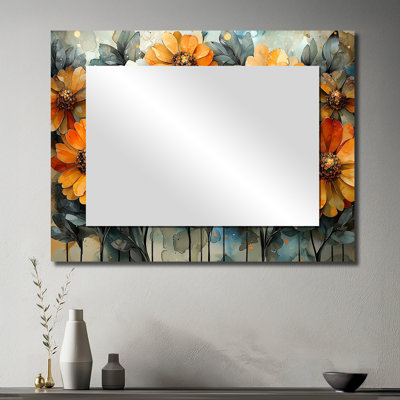 Golden Zinnias Flowers Geometric Beauty II - Art mural miroir floral - imprimé sur métal