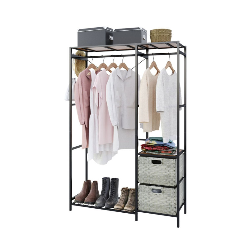 Acacia Wood Garment Rack with Shelves, Drawers & Hooks for Hanging Clothes, Light Gray