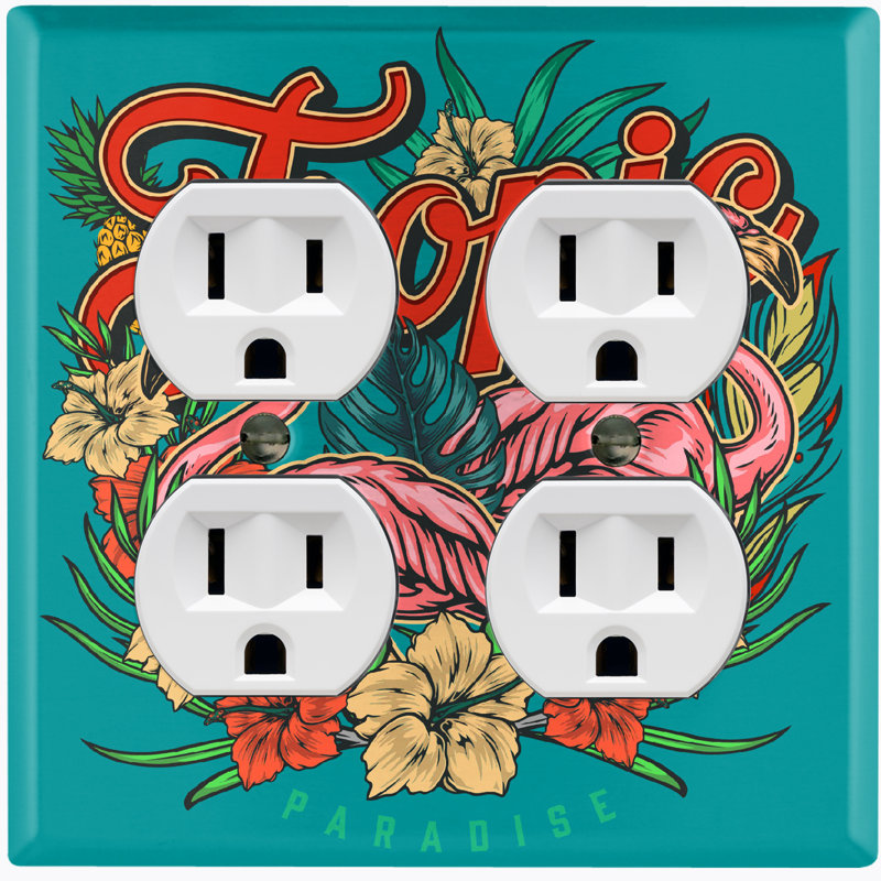Metal Light Switch Plate Outlet Cover (Tropical Flamingo Paradise Flower - Double Duplex)
